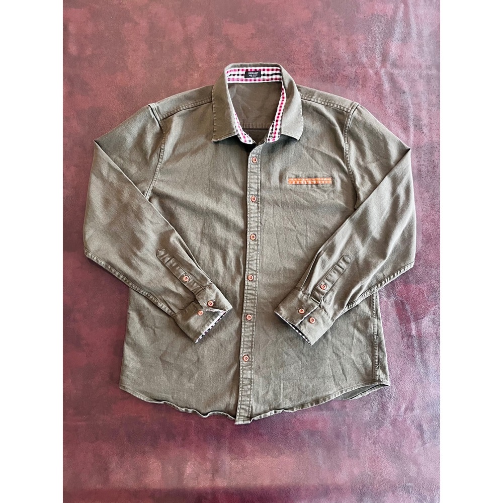 Coofandy Mens Long Sleeve Button Down Shirt Olive Green Plaid Trim Size L